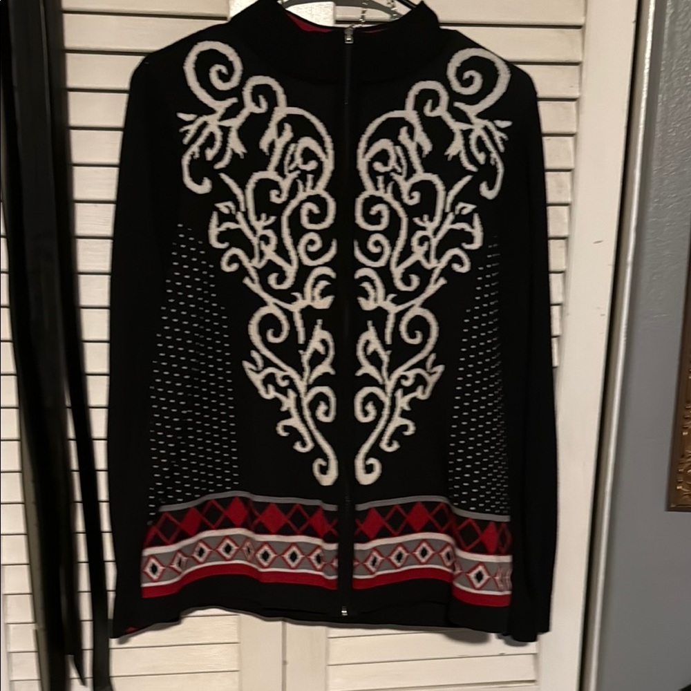 Christopher & Banks Black and White Cardigan Sweater with Nordic Patterns